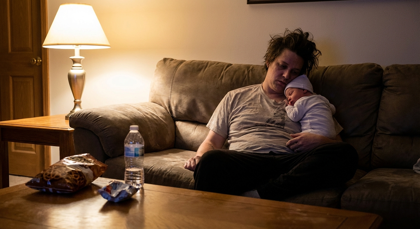 A tired parent sitting on a couch at night holding a sleeping newborn against their shoulder, a water bottle and snack on the coffee table, soft lamp light, realistic candid photography