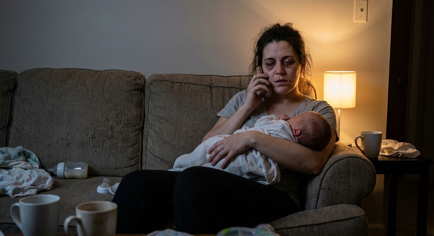 A tired parent sitting on a couch at night holding a newborn while speaking on a phone, dim lamp light, real-life photo