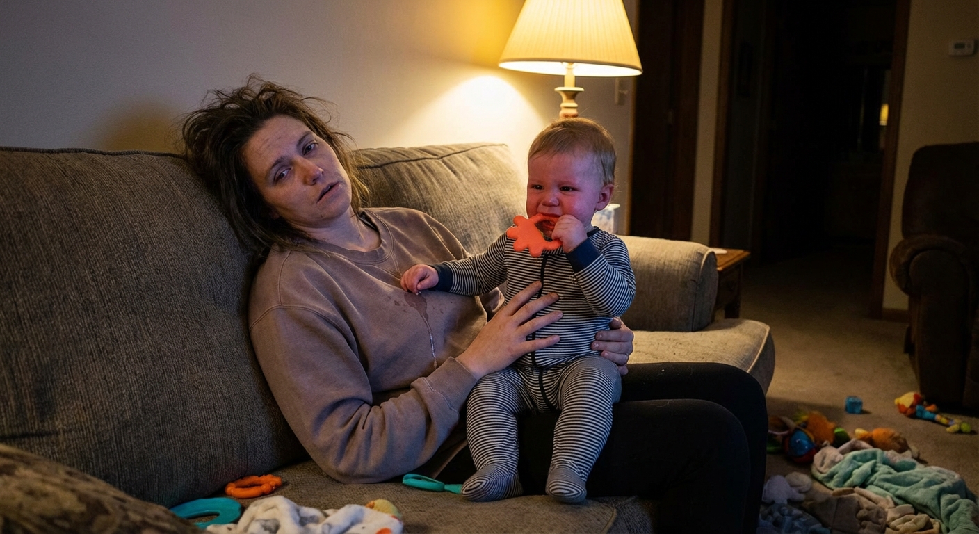 A tired parent sitting on a couch holding a fussy toddler who is drooling and chewing on a silicone teether, warm indoor evening light, candid photorealistic family photo