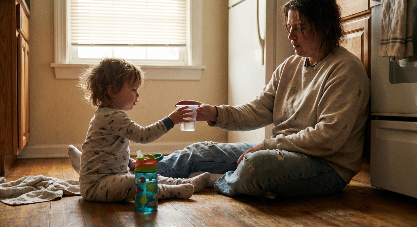 A tired parent sitting on a kitchen floor offering a toddler a small cup of oral rehydration solution next to a spill-proof water bottle, warm natural window light, candid realistic family photo