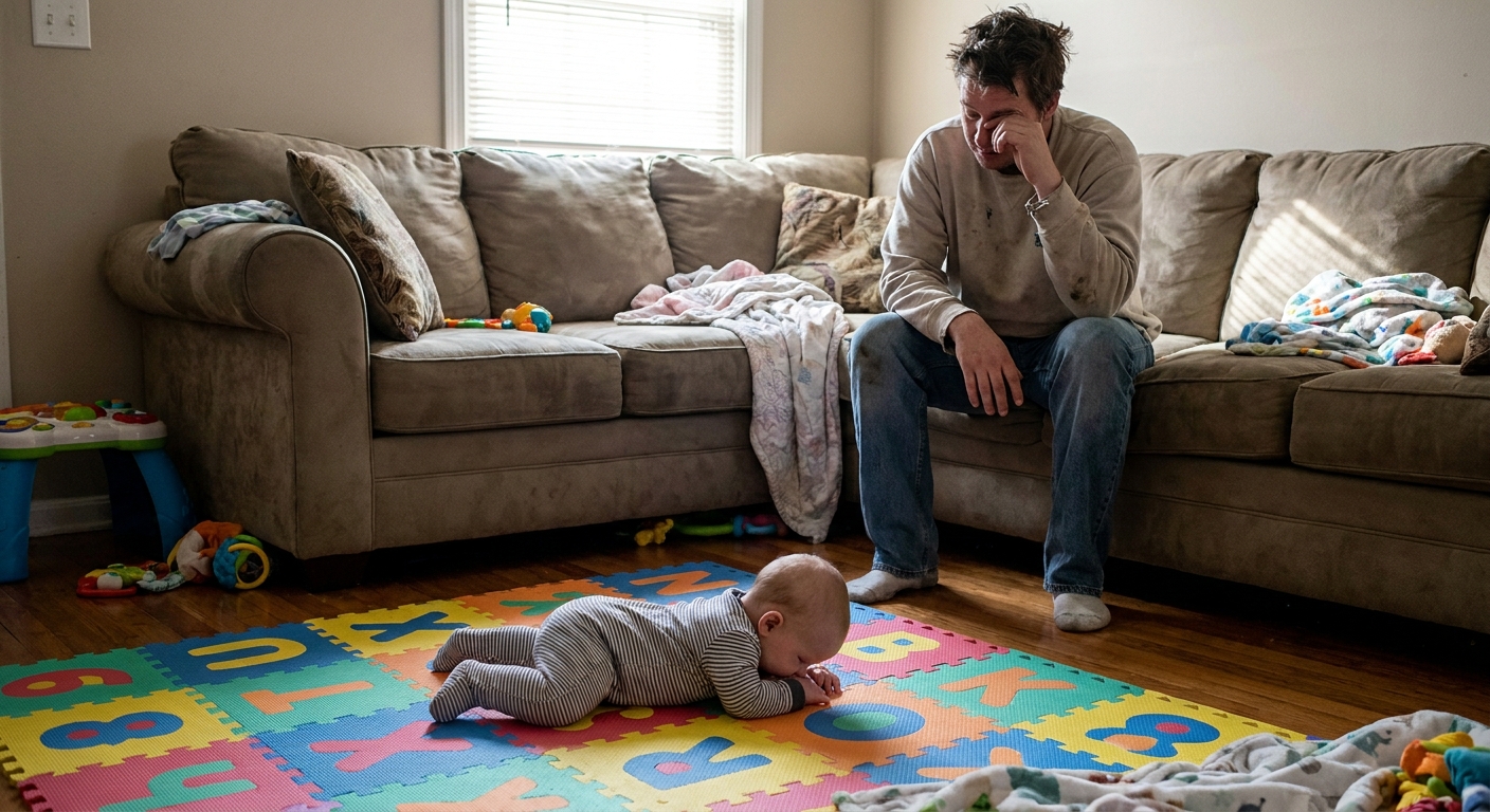 A tired parent sitting on a living room couch watching an infant on a soft play mat as the baby briefly drops their head forward, realistic home photograph