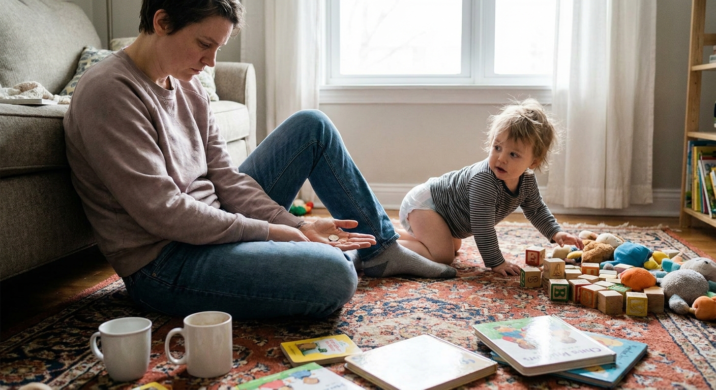 A tired parent sitting on a living room floor holding a small coin in their palm while a curious toddler plays nearby, candid real-life photo