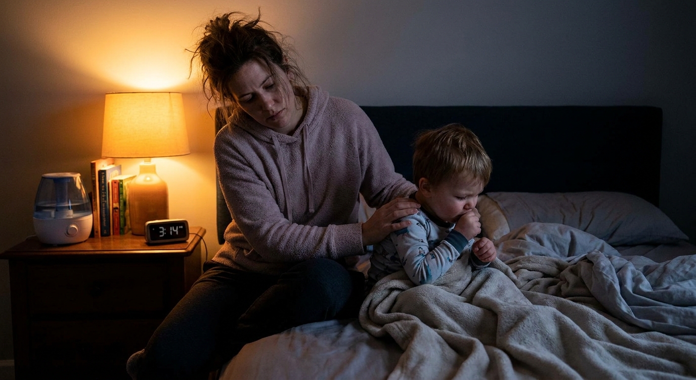 A tired parent sitting on the edge of a bed comforting a toddler who is awake at night with a barky cough, warm bedside lamp lighting, realistic photo
