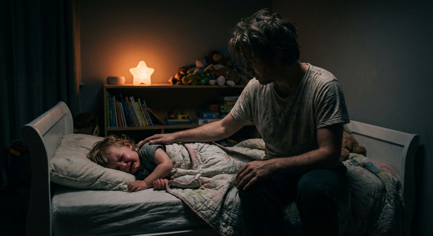 A tired parent sitting on the edge of a toddler bed in a dark bedroom, gently comforting a crying toddler with a soft nightlight in the background, candid home photography