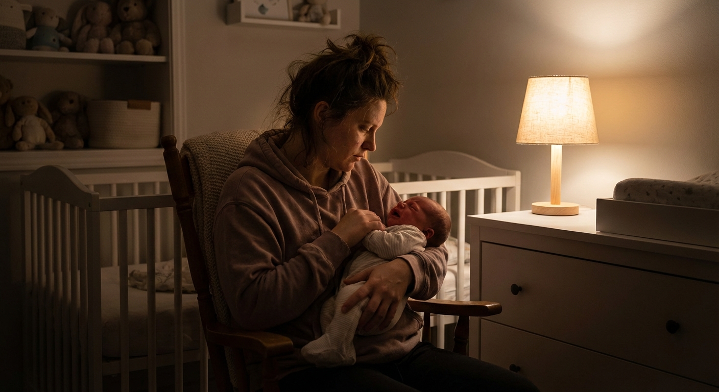 A tired parent standing in a dimly lit nursery holding a crying newborn close to their chest, rocking gently beside a crib, warm lamp light and a calm nighttime mood, realistic candid photography
