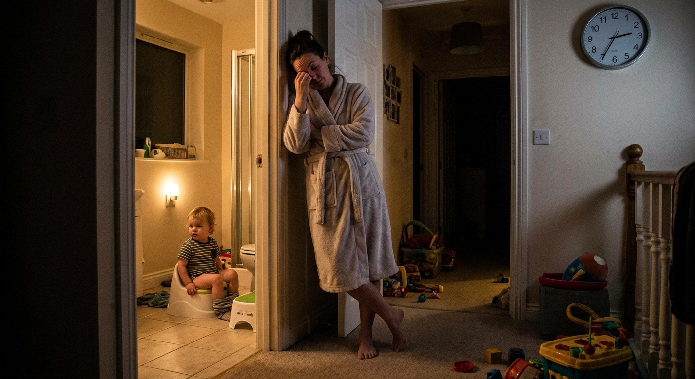 A tired parent standing outside a bathroom door at night while a young child sits on a potty inside, realistic home photo