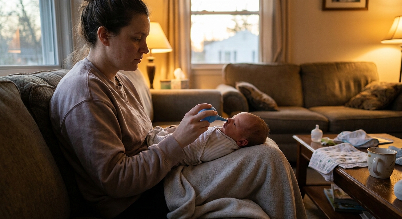 A tired parent using a small nasal suction bulb to clear a newborn baby's nose on a couch in soft evening light, real-life family photo style
