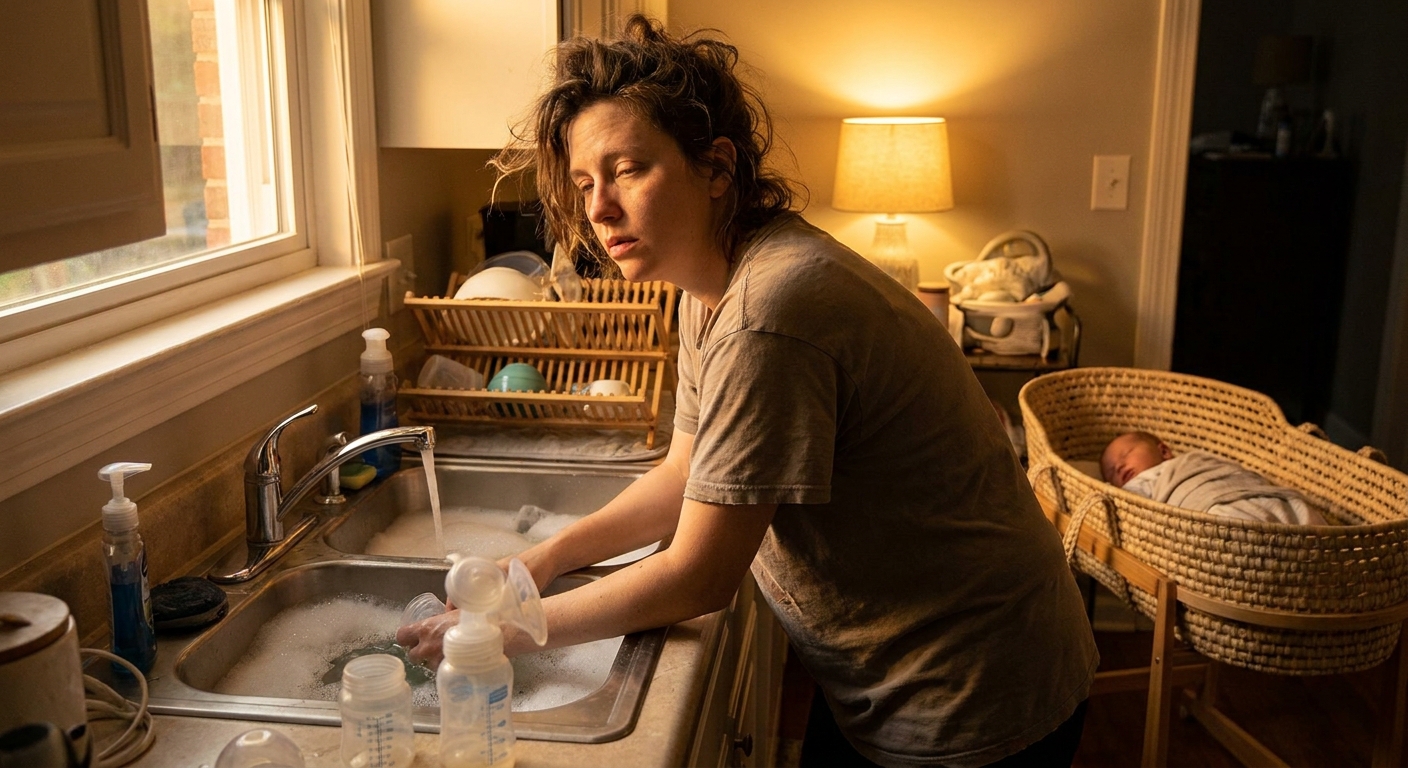 A tired parent washing breast pump parts at a kitchen sink under warm light while a sleeping newborn rests in a nearby bassinet