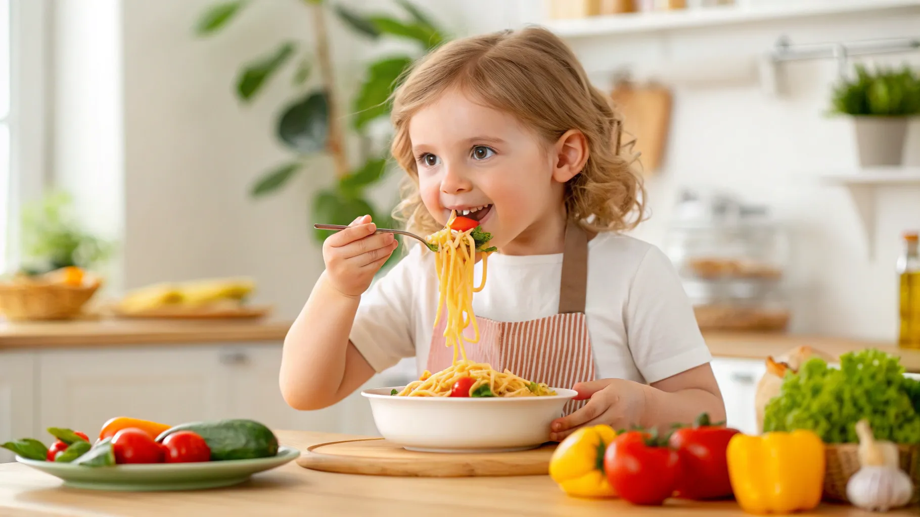 A tired parent watching a toddler in a high chair eating pasta at a kitchen table, real-life family photo moment