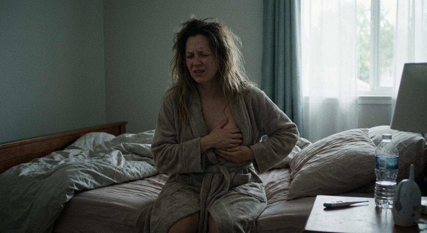 A tired postpartum mother sitting on a bed holding her breast with a pained expression and a thermometer nearby, natural indoor light, real-life photography style