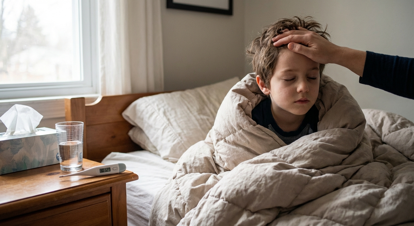 A tired school-age child resting in bed with a digital thermometer on the nightstand and a parent’s hand gently checking their forehead, natural window light, realistic photo