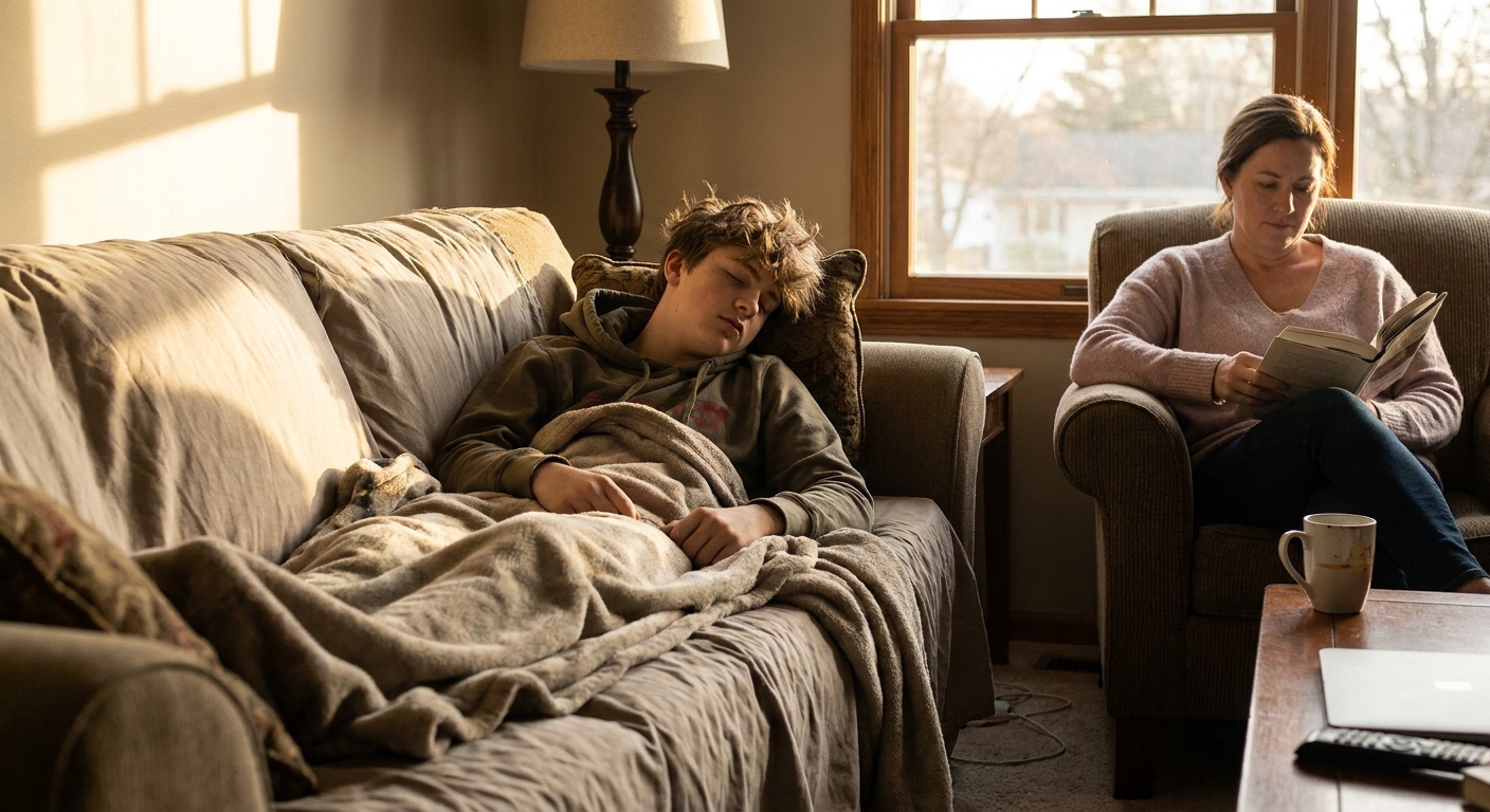A tired teenager lying on a living room couch with a blanket, resting in afternoon light while a parent sits nearby, realistic family photograph