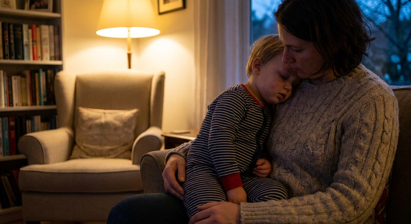A tired toddler resting limply on a parent’s shoulder in a softly lit living room, realistic photo style