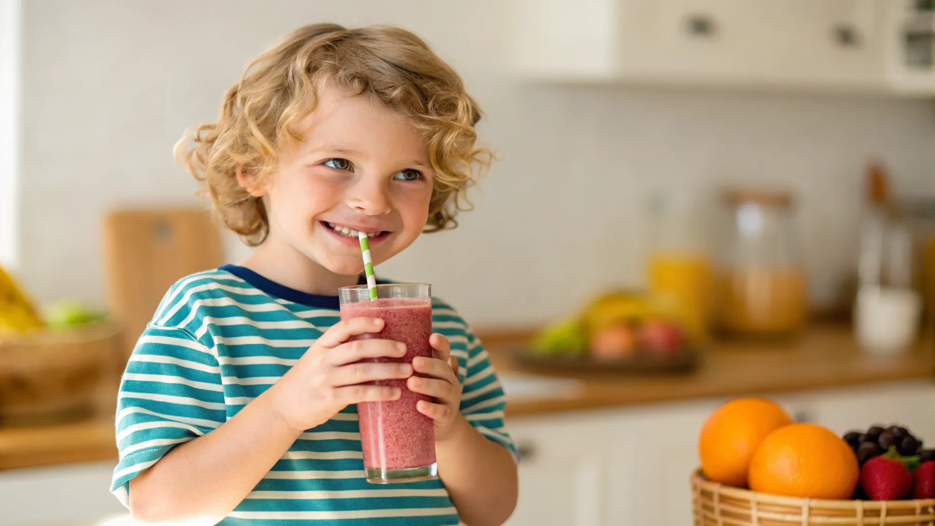 A tired toddler sitting at a kitchen table slowly sipping a cold smoothie from a straw cup while a parent watches nearby, natural indoor light