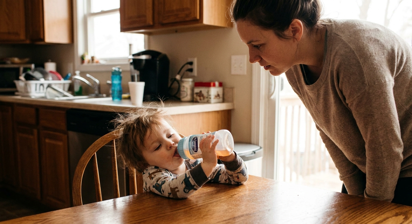 A tired toddler sitting at a kitchen table taking small sips of oral rehydration solution from a cup while a parent watches closely, real-life home photo