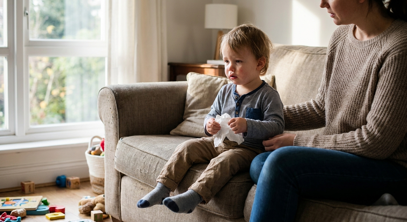 A tired toddler sitting on a living room couch with a runny nose, holding a tissue while a parent sits nearby, natural window light photograph