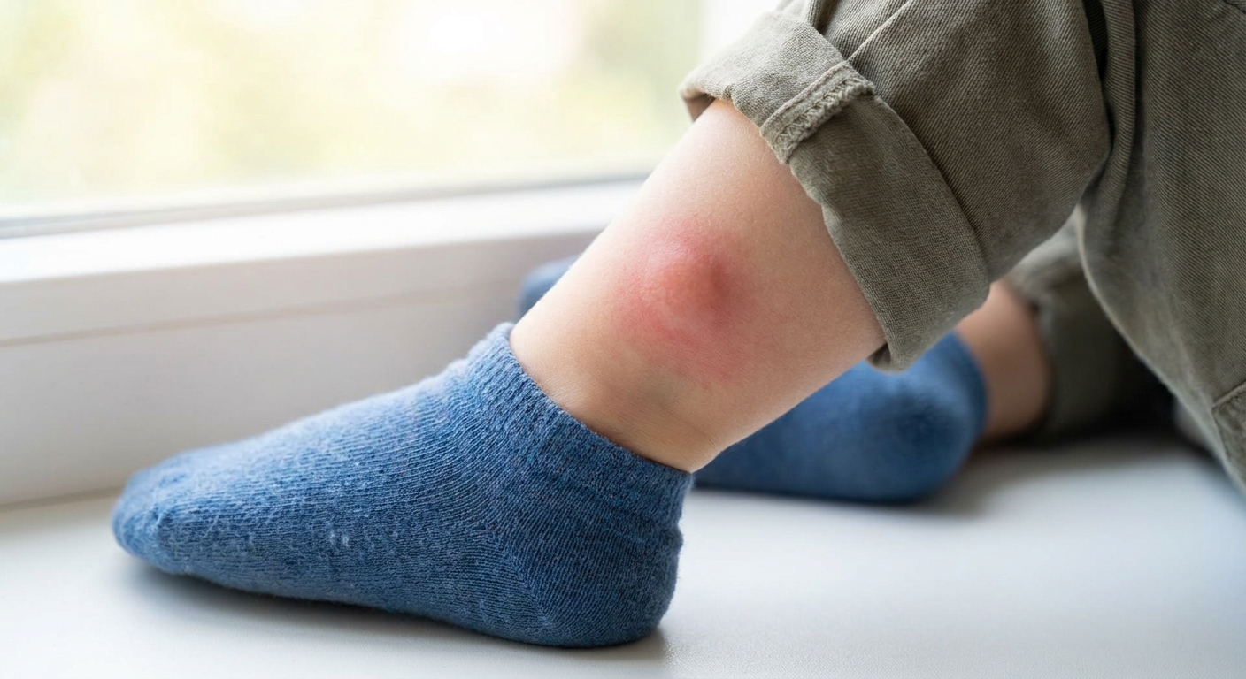 A toddler ankle with a large puffy swollen mosquito bite and mild redness around it, photographed in natural window light