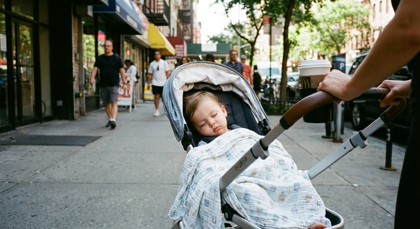 A toddler asleep in a stroller on a sidewalk during daytime, light blanket tucked around them, candid street photography
