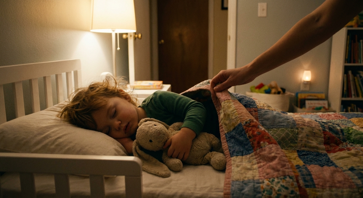A toddler asleep in bed hugging a well-loved stuffed animal while a parent gently pulls up a blanket, soft nighttime lighting, realistic home photo