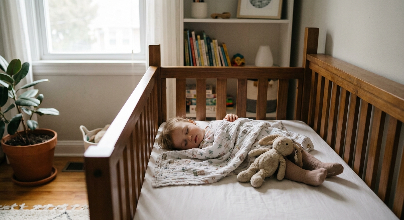 A toddler asleep on their back in a crib with a light blanket tucked low, a stuffed animal near their feet, calm midday light in the room, photorealistic lifestyle photography