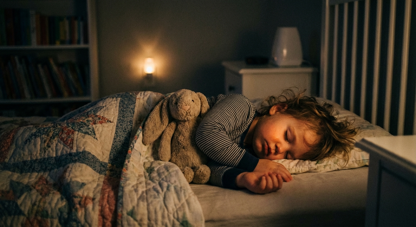 A toddler asleep on their side in a dimly lit bedroom, tucked under a blanket with a small stuffed animal nearby, nighttime lifestyle photograph