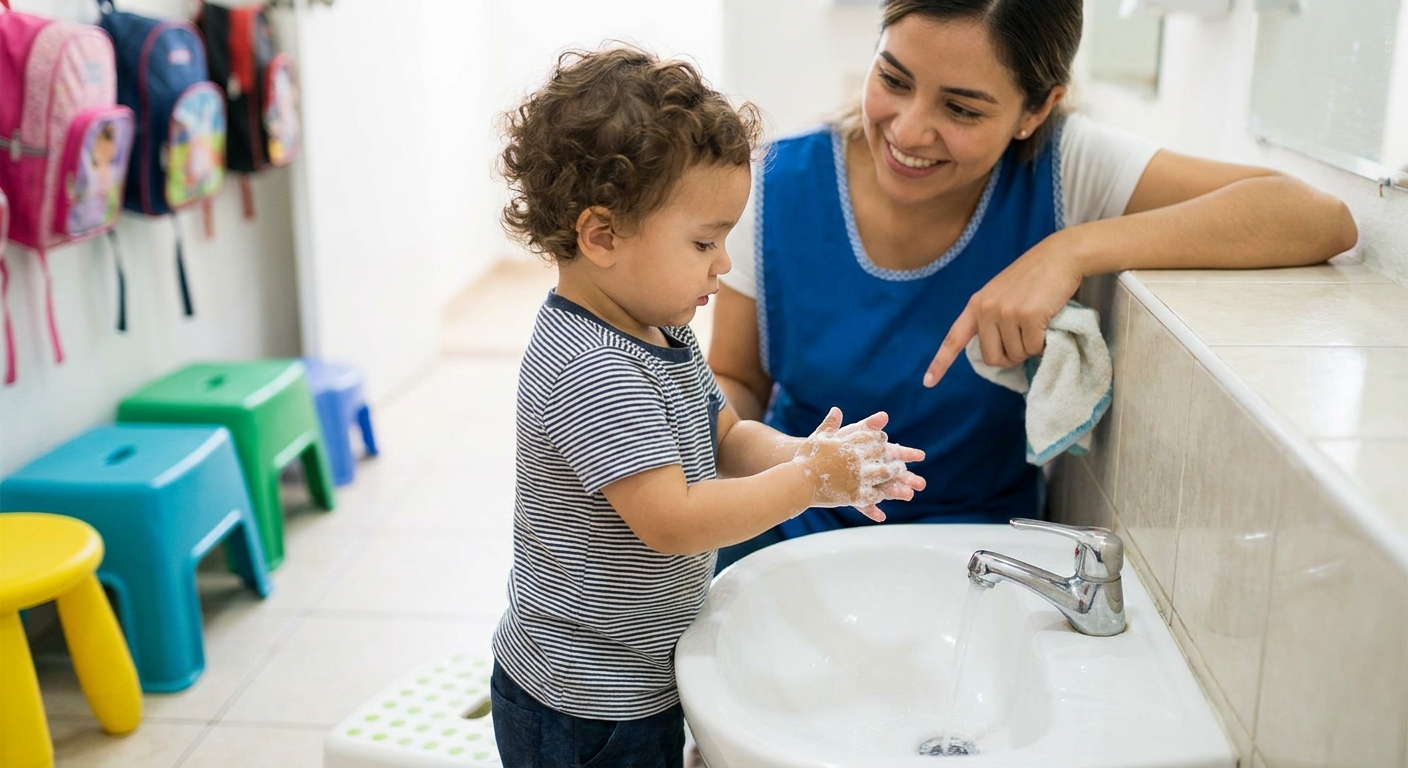 A toddler at a daycare bathroom sink washing hands with soap while a caregiver supervises, candid real-life photography