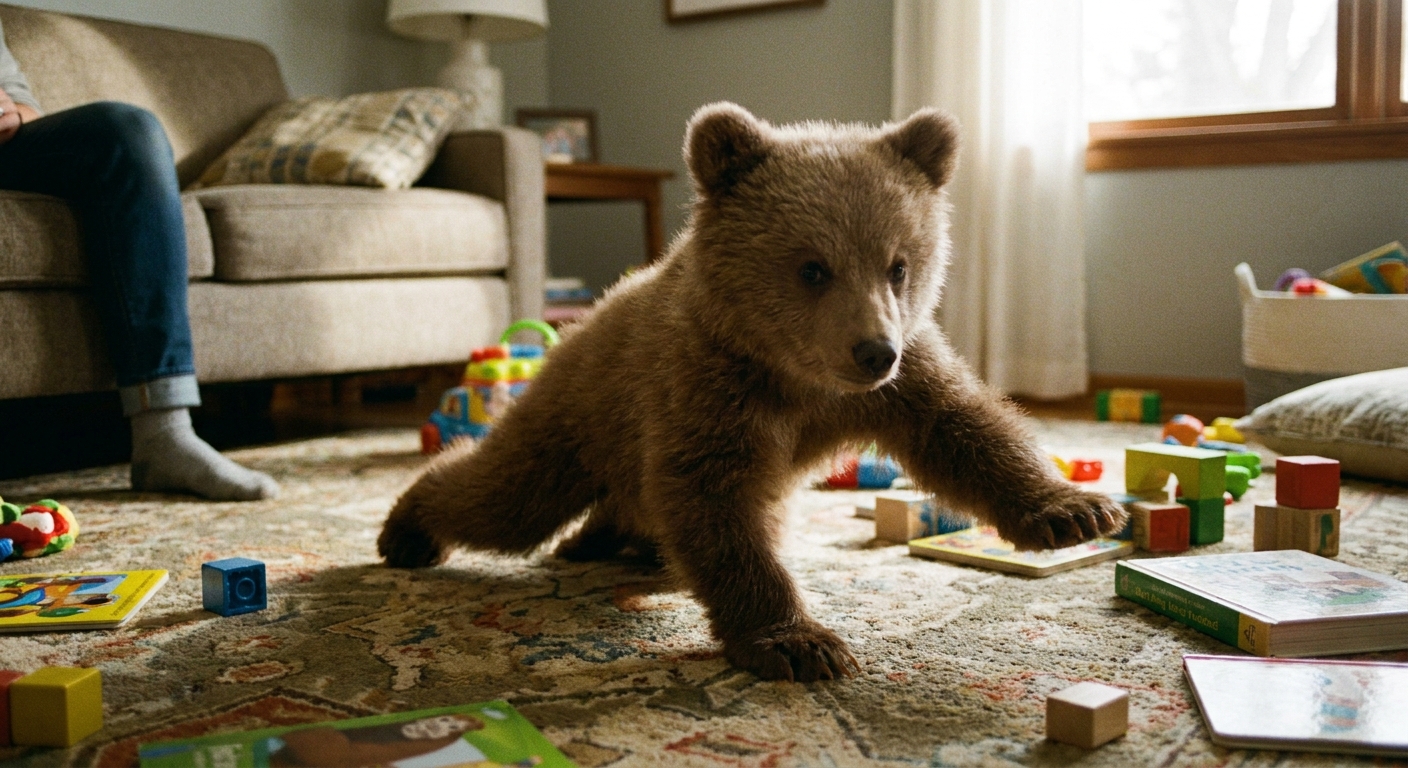 A toddler bear crawling across a carpeted living room floor during play, arms and legs supporting body, candid photo