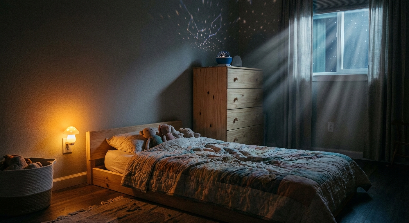 A toddler bedroom with a low bed, a small night light plugged into the wall, and a closed dresser, photographed at night with soft lighting