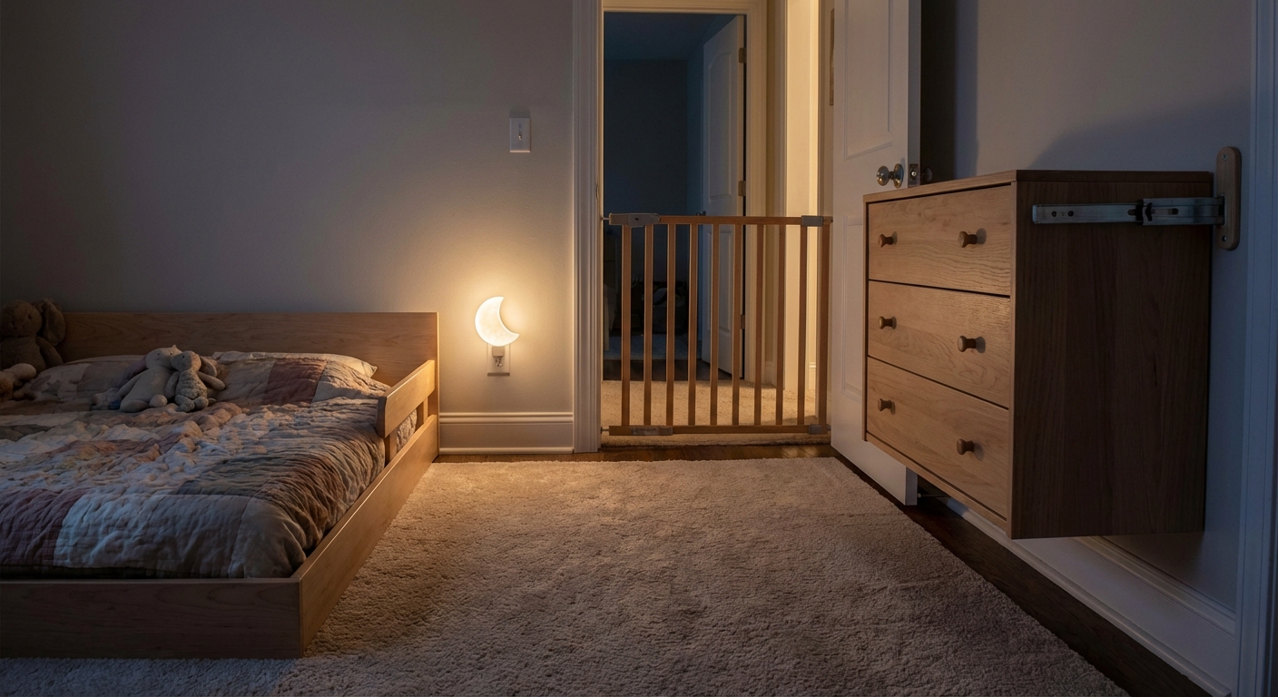 A toddler bedroom with a low bed, a wall-anchored dresser, a baby gate in the doorway, and a small night light glowing softly, photorealistic