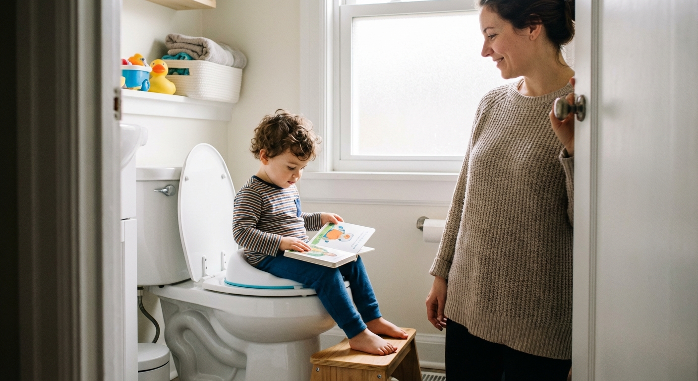 A toddler boy sitting on a toilet with a child seat insert and a step stool under his feet, holding a picture book while a parent stands nearby, soft candid home photo