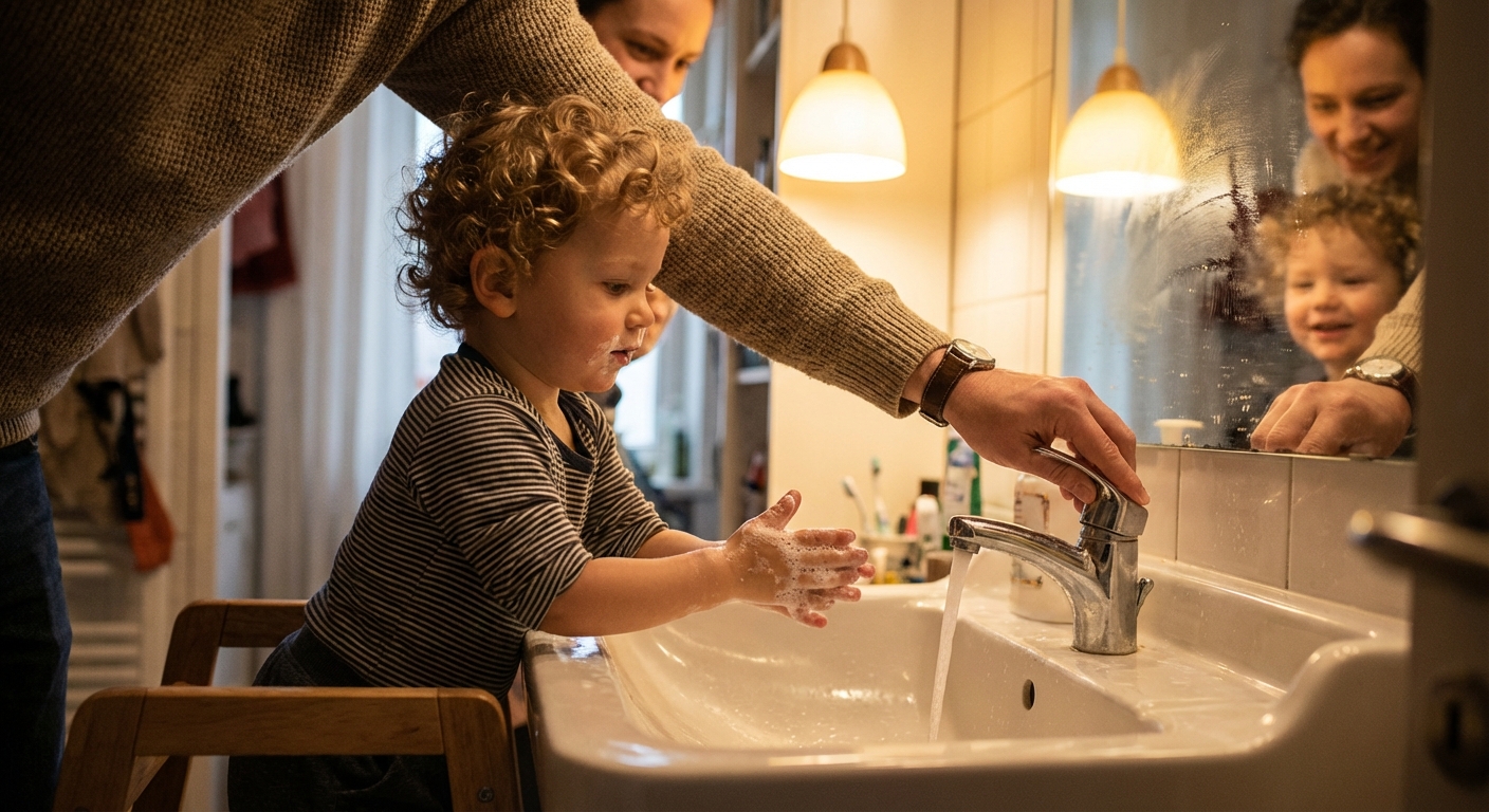 A toddler boy standing at a bathroom sink washing his hands with soap while a parent helps turn on the faucet, warm indoor lighting, realistic candid photo