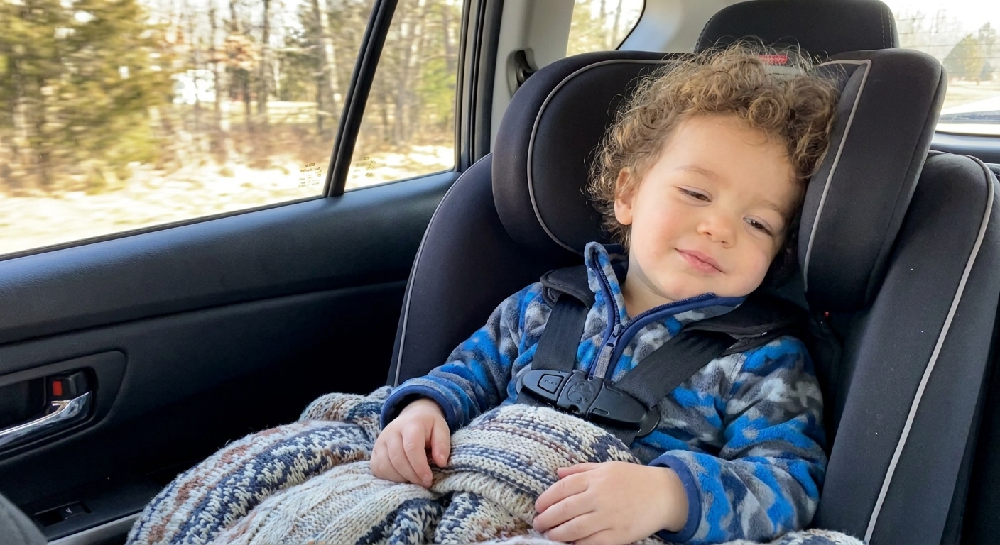A toddler buckled into a car seat with properly tightened harness straps, wearing a thin fleece and covered with a blanket on top