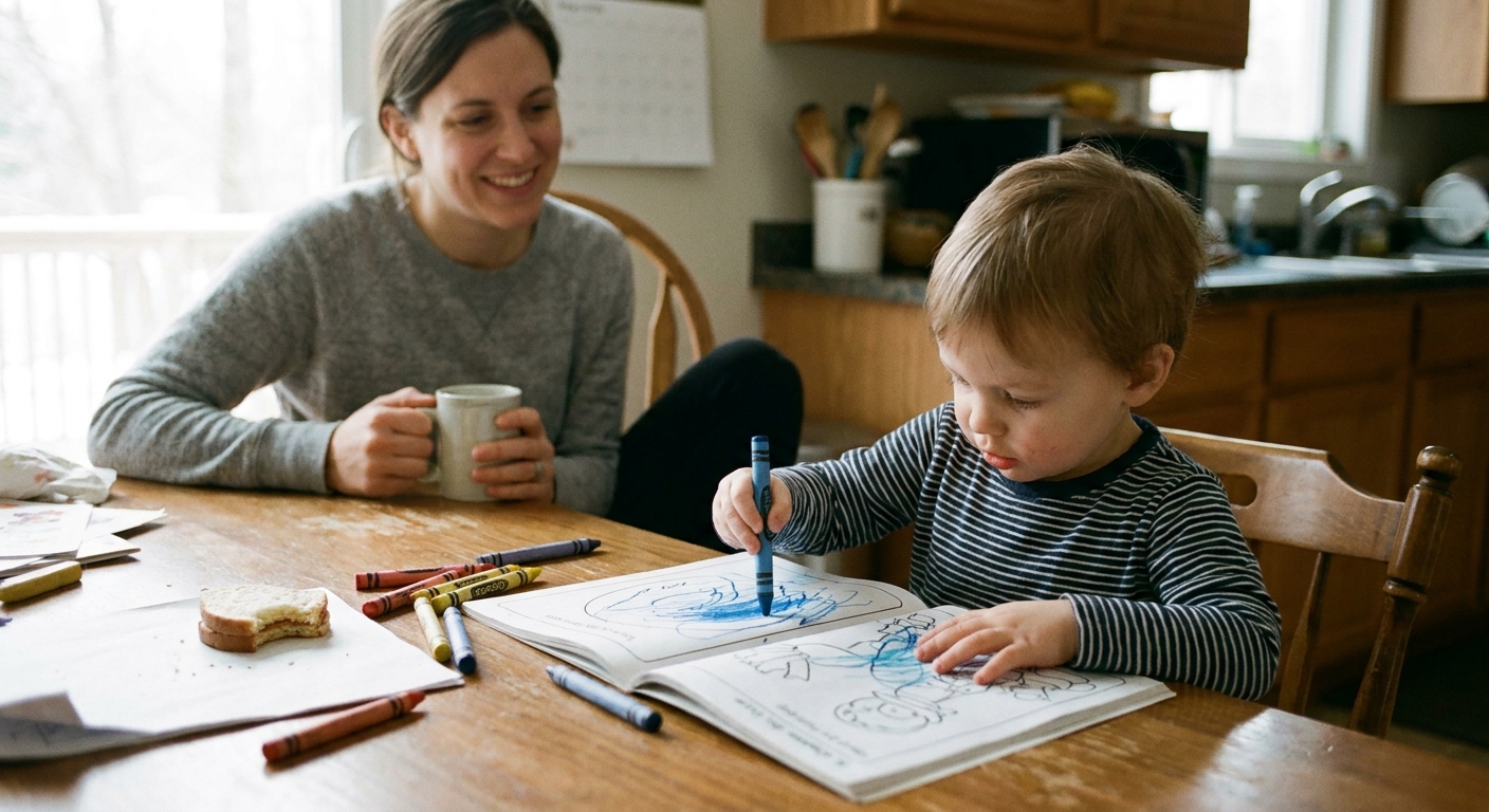 A toddler calmly coloring with crayons at a kitchen table in soft daylight while a parent watches nearby, realistic family photo