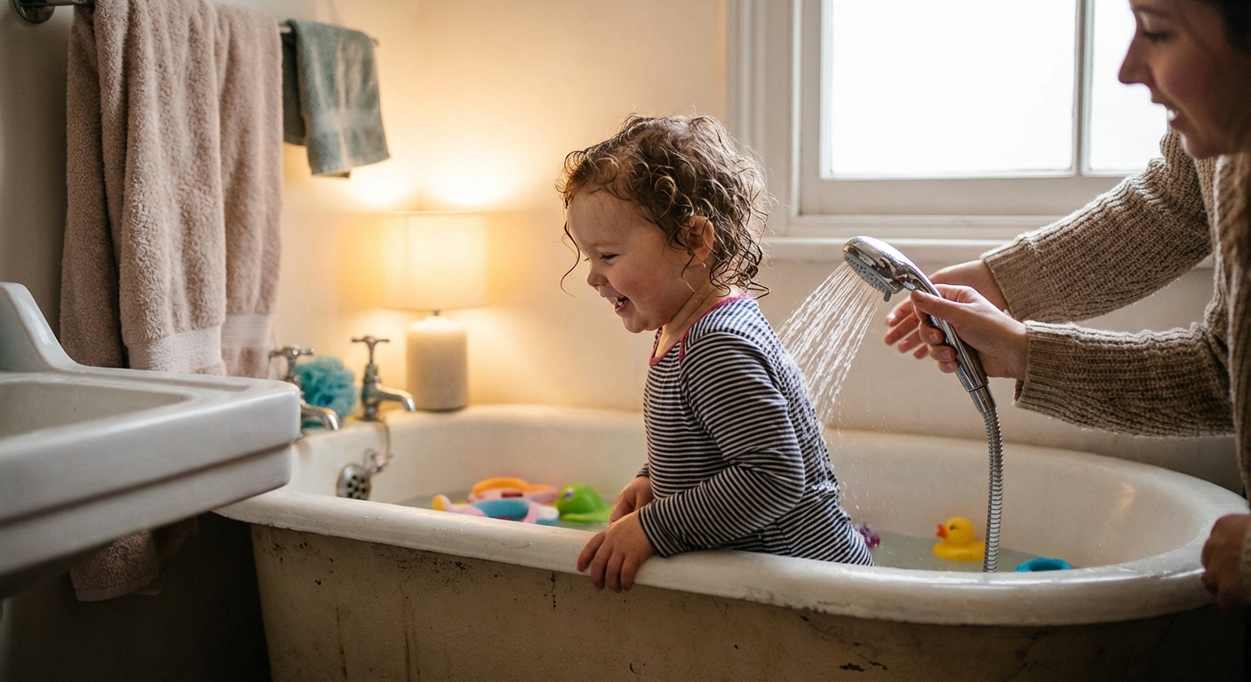 A toddler girl sitting on the edge of a bathtub at home while a parent gently rinses her with a handheld shower, warm indoor lighting, real-life photography style