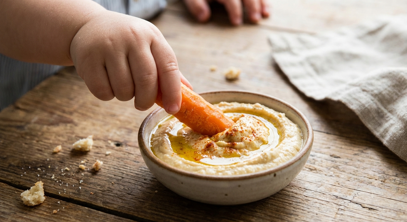 A toddler hand holding a carrot stick dipping it into a small bowl of hummus on a wooden table, close-up food photography style, natural light, photorealistic