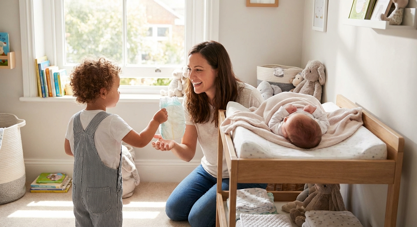 A toddler handing a clean diaper to a parent next to a changing table while a newborn lies safely on the pad, bright daytime home photo