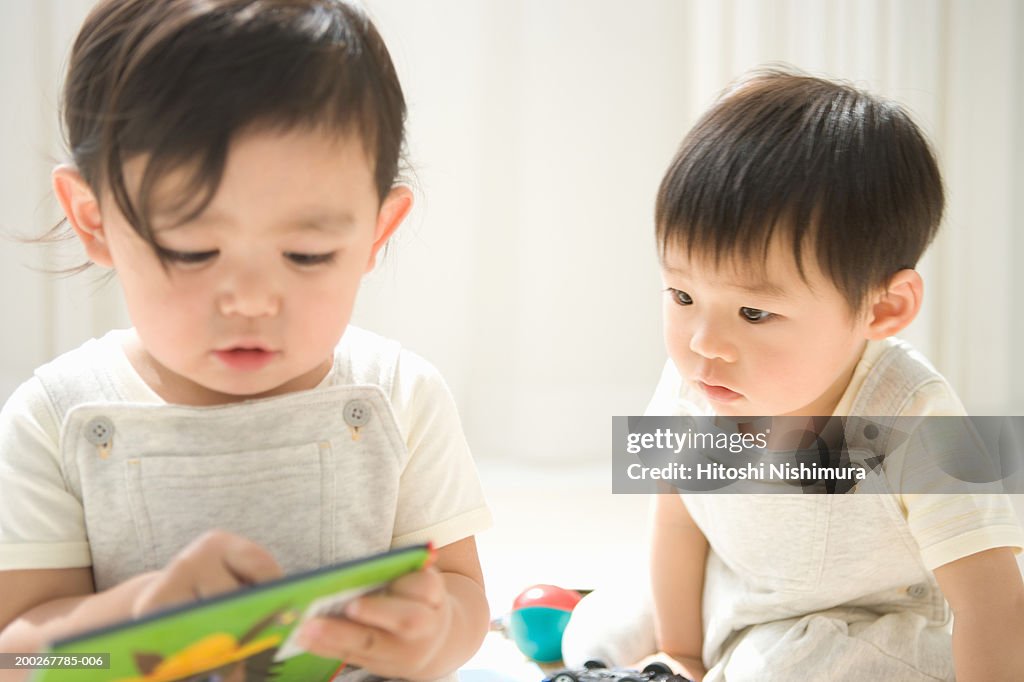 A toddler holding a board book close to their face while sitting on the floor in a bright living room, natural candid photograph