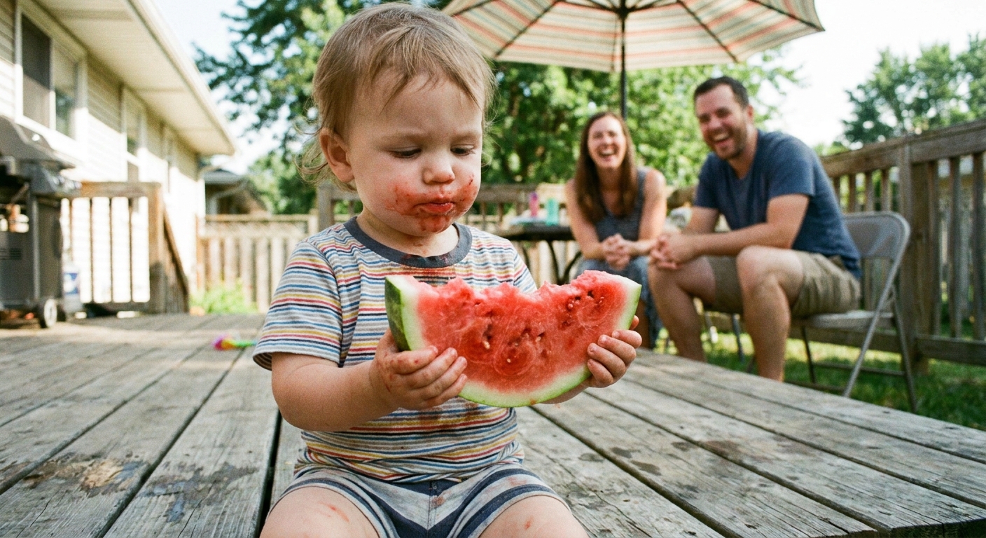 A toddler holding a slice of watermelon outside on a warm day with sticky hands, candid family photo
