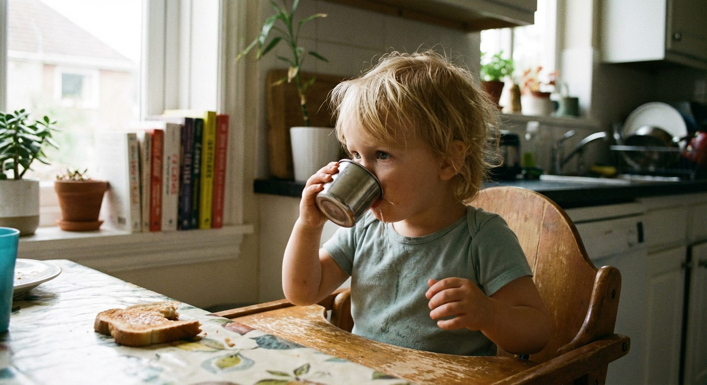 A toddler holding a small open cup and taking a sip of water while sitting at a kitchen table, everyday candid photo with soft indoor lighting