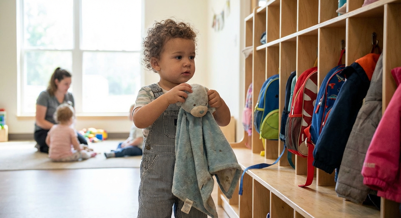 A toddler holding a small soft blanket lovey while standing next to a cubby at daycare, natural indoor light, candid photorealistic childcare photography