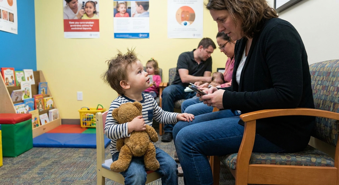 A toddler holding a small stuffed animal while sitting in a pediatric eye clinic waiting room with a parent nearby, real-life photography style