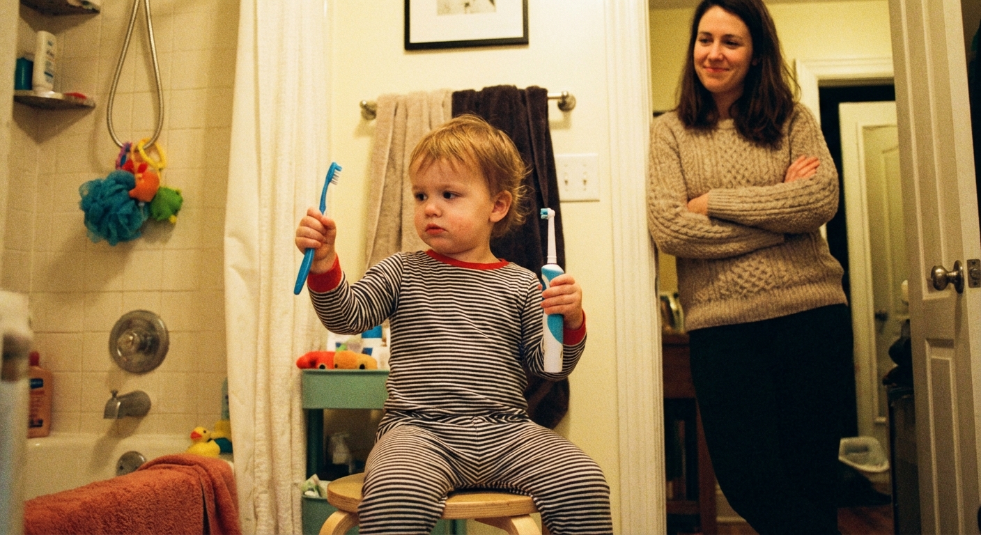 A toddler holding two different toothbrushes in a bathroom, looking thoughtfully at them while a parent waits nearby, candid family photo