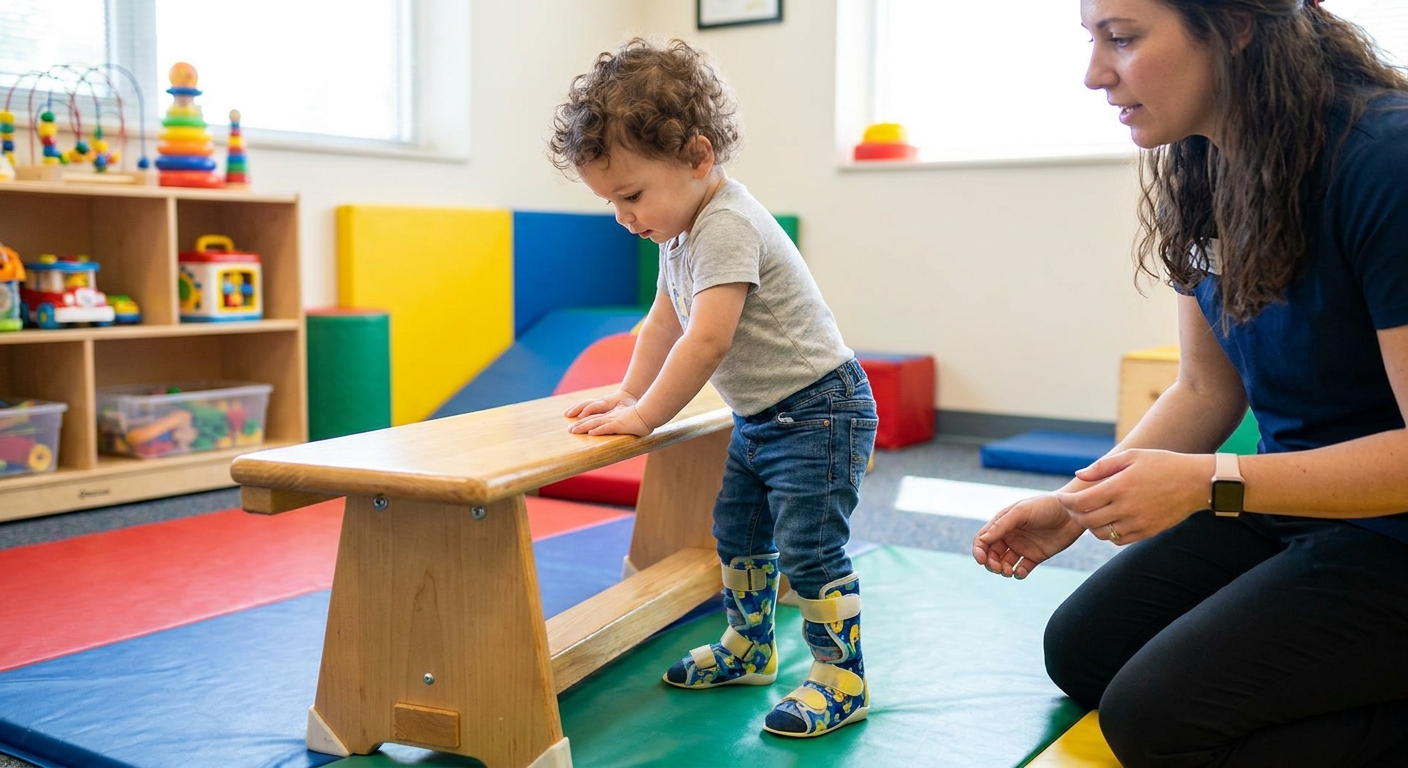A toddler in a physical therapy clinic wearing ankle-foot orthoses while holding a small therapy bench for balance, real-life photo style