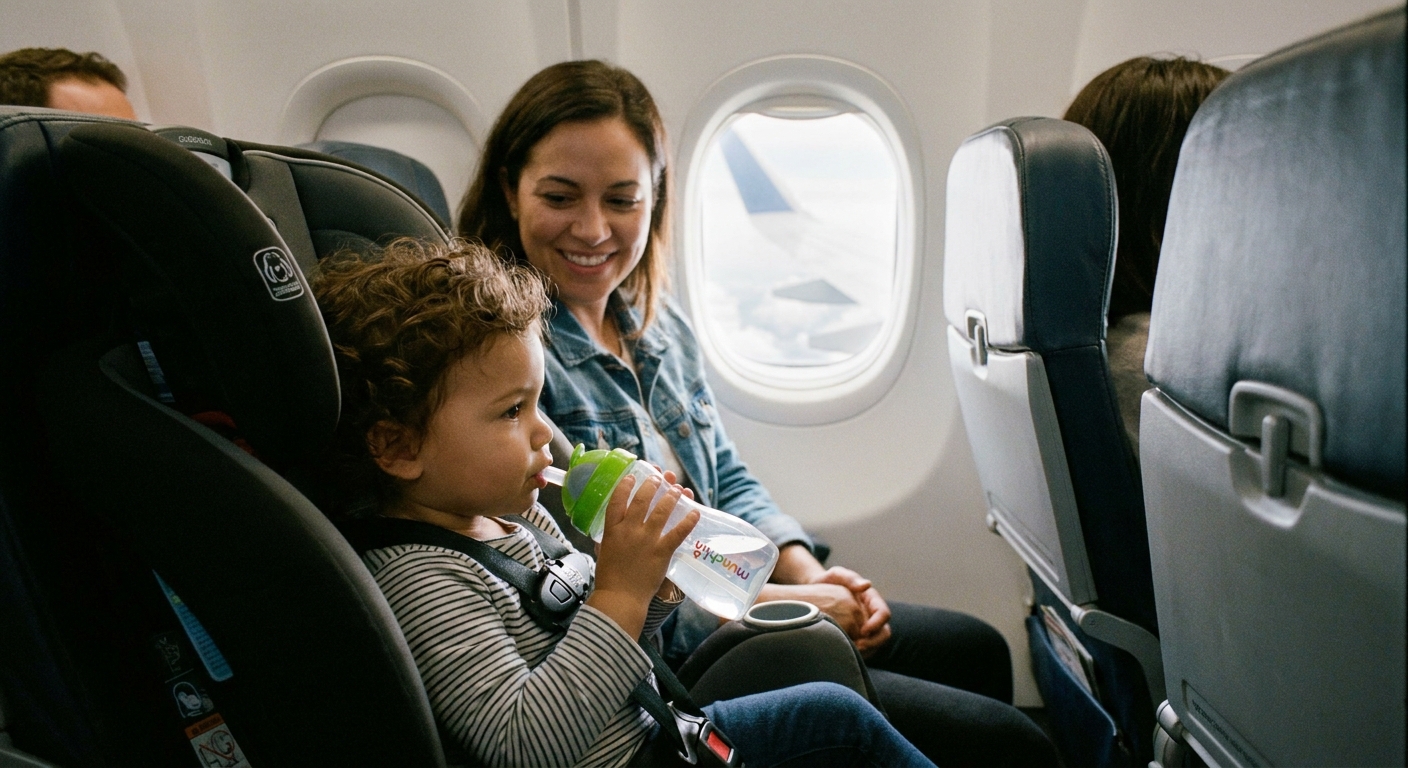 A toddler in an airplane seat holding a spill-proof straw cup and taking small sips while a parent watches, natural travel photo