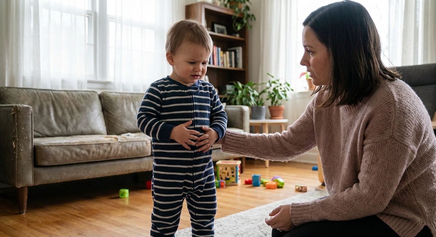 A toddler in comfortable pajamas standing in a living room holding their tummy with a worried expression while a parent kneels nearby offering comfort, natural window light, photorealistic lifestyle photo