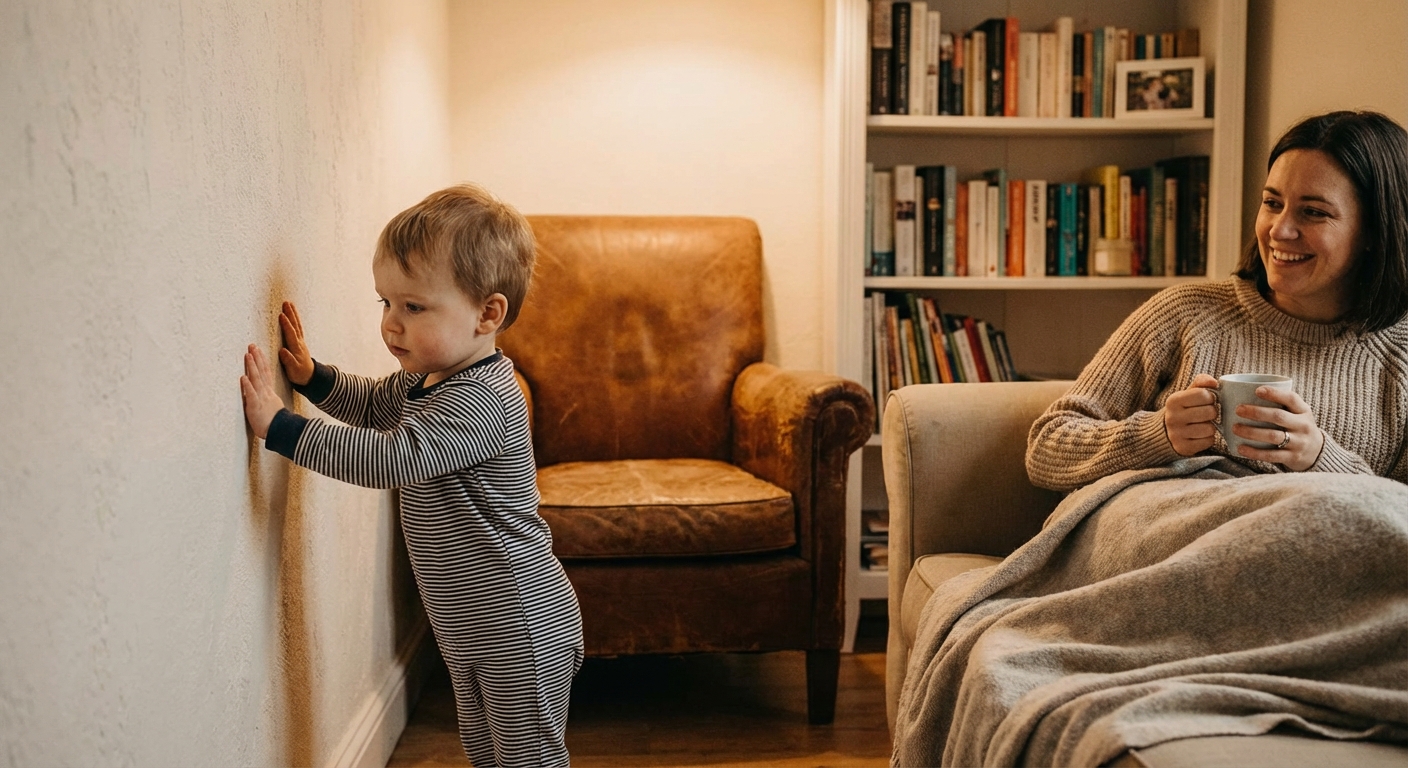 A toddler in pajamas pressing their hands firmly against a living room wall while a parent watches nearby, cozy home photograph