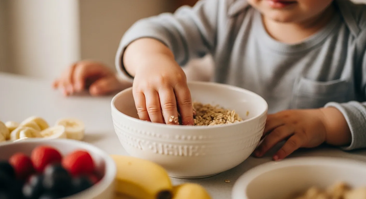A toddler in pajamas sitting at a kitchen table eating oatmeal with a spoon in morning light, realistic family photograph