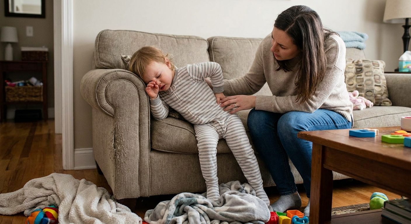 A toddler in pajamas sitting on a couch at home with a parent nearby, looking tired and holding their lower back, realistic photo