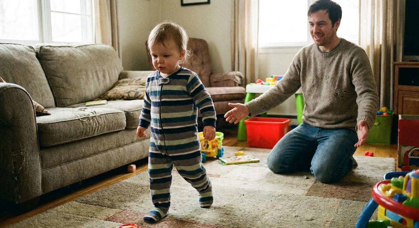 A toddler in pajamas taking a cautious step in a living room while a parent kneels nearby watching closely, real-life candid photograph