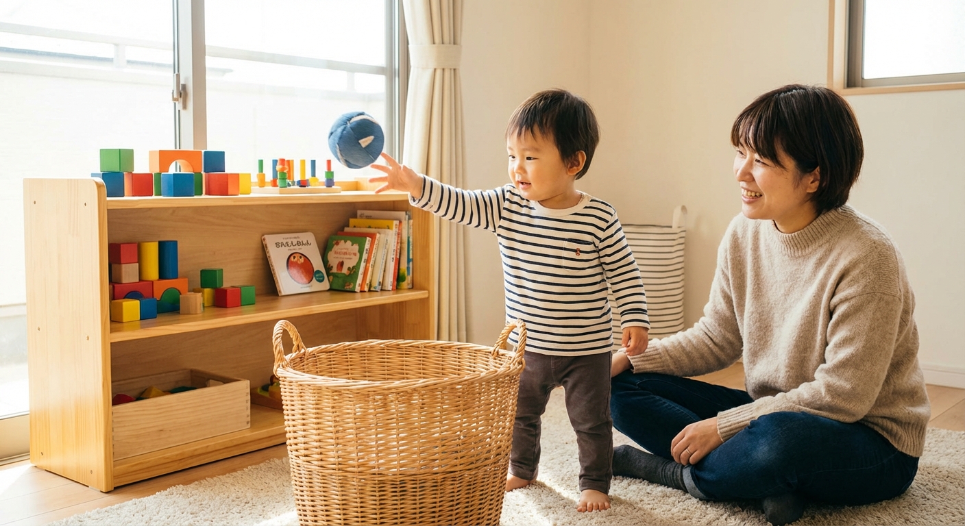 A toddler indoors tossing a small soft ball toward a laundry basket while a parent sits nearby smiling, toys neatly arranged, warm natural light, realistic family photo